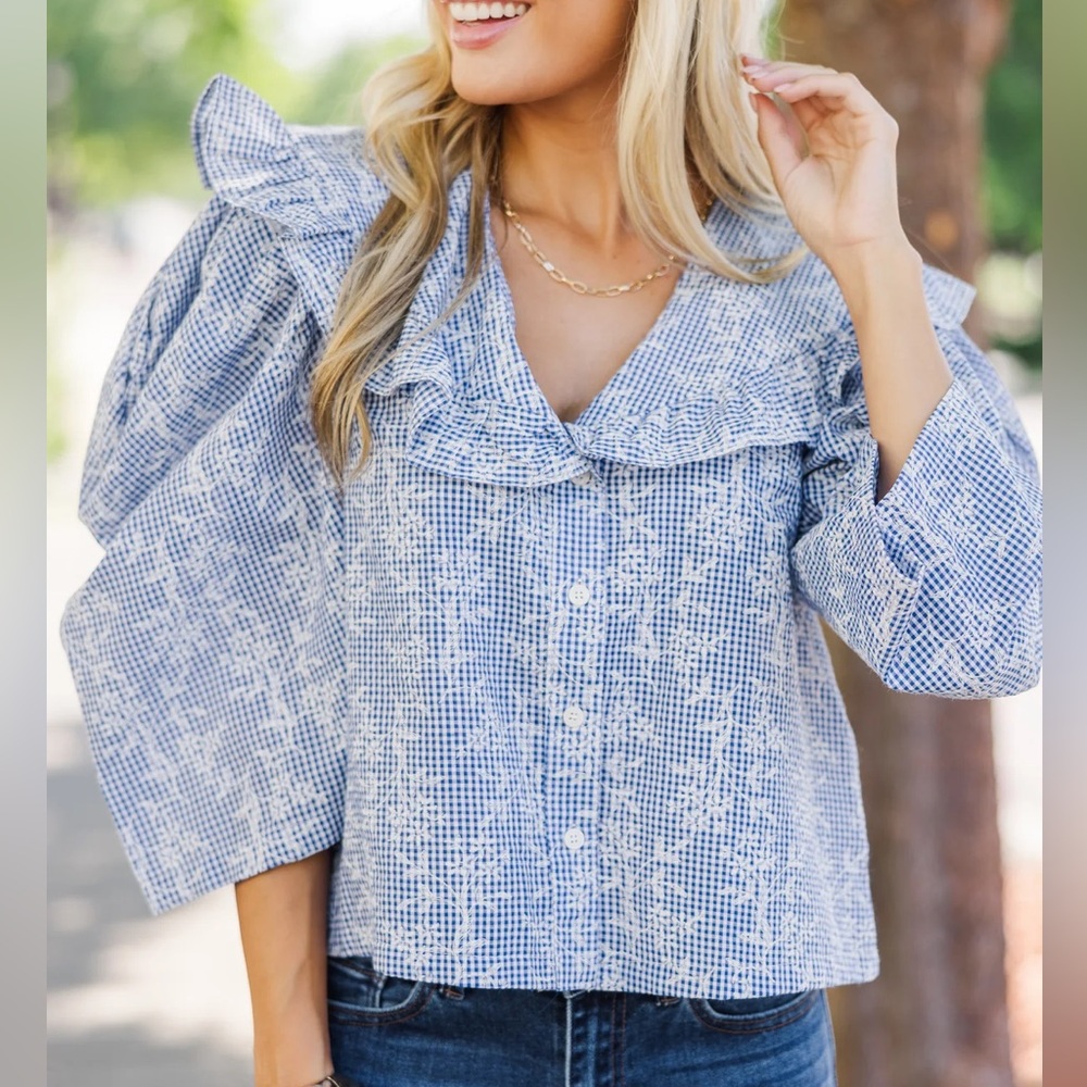 NEW Gigio Gingham Floral Puff Sleeve Top size small blue ruffle boho NWT blouse